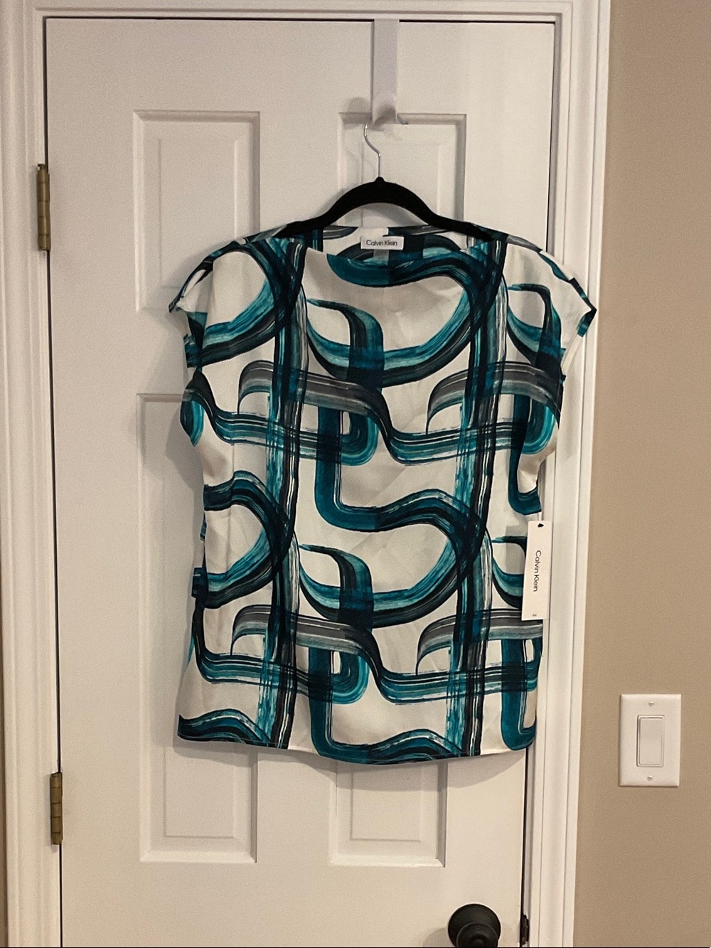 Calvin Klein Teal & White Abstract Brushstroke Cap-Sleeve Blouse
